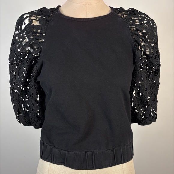dolan Tops - Dolan Anthropologie Black Crochet Eyelet Puff Sleeve Blouse XS